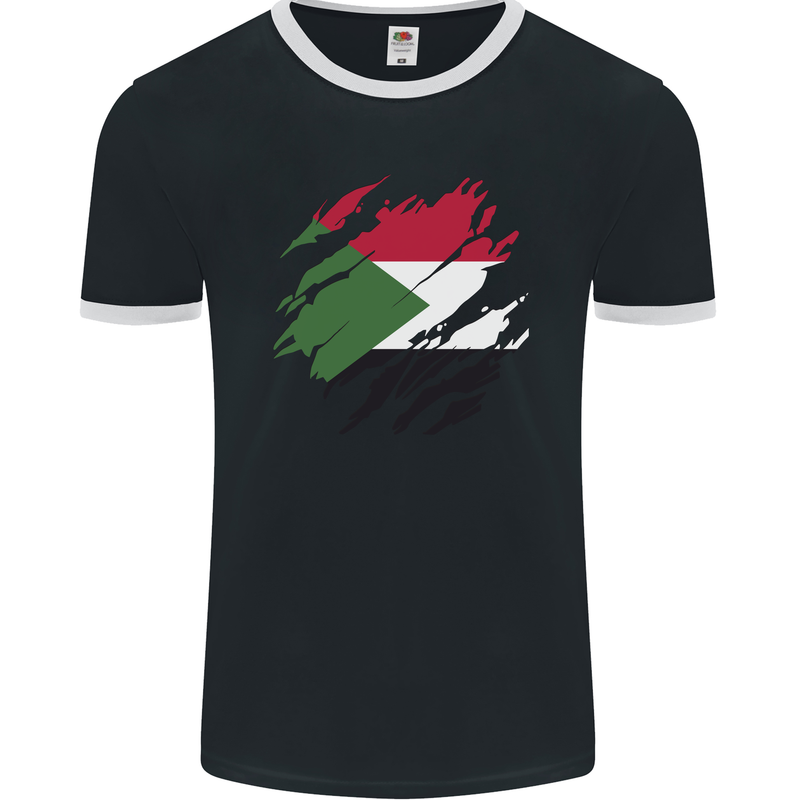 Torn Sudan Flag Sudanese Day Football Mens Ringer T-Shirt FotL Black/White