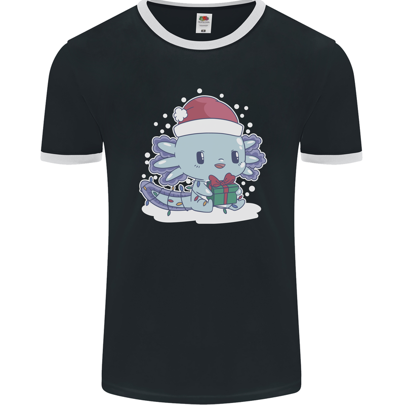 Cute Christmas Axoloti Wearing a Chirstmas Hat Xmas Mens Ringer T-Shirt FotL Black/White