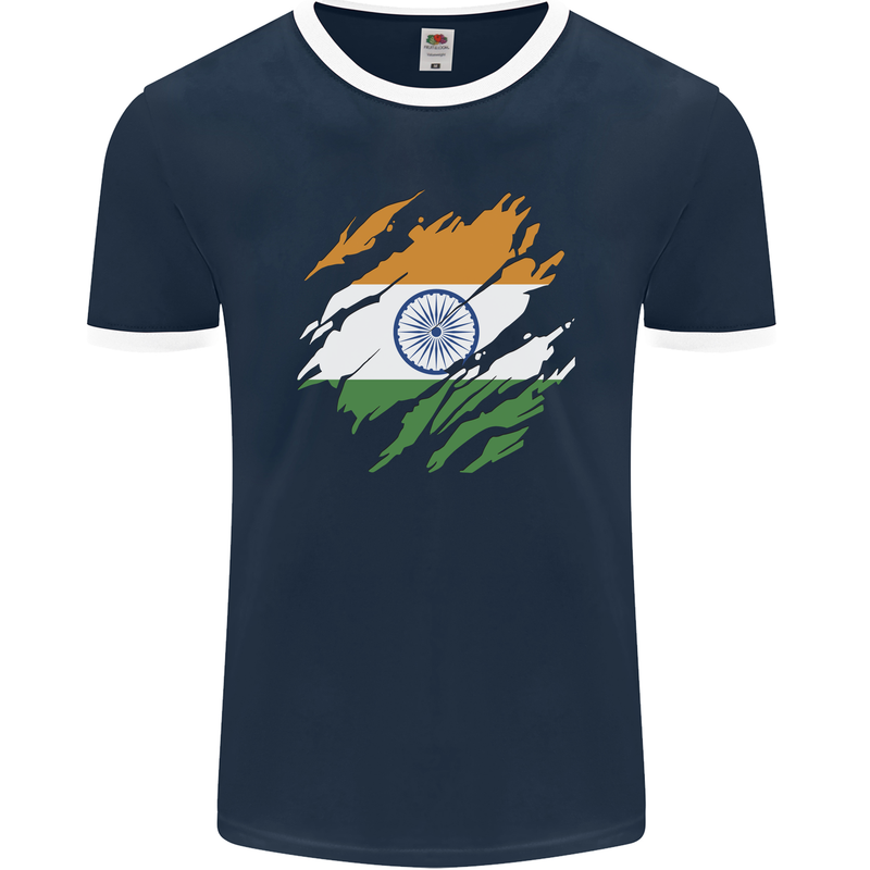 Torn India Flag Indian Day Football Mens Ringer T-Shirt FotL Navy Blue/White