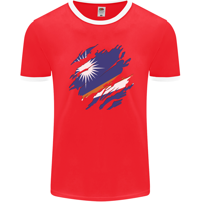 Torn Marshall Islands Flag Day Football Mens Ringer T-Shirt FotL Red/White