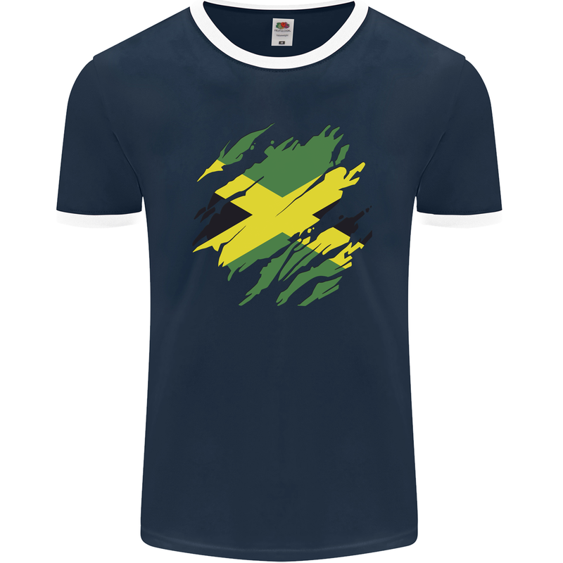 Torn Jamaican Flag Jamaica Day Football Mens Ringer T-Shirt FotL Navy Blue/White