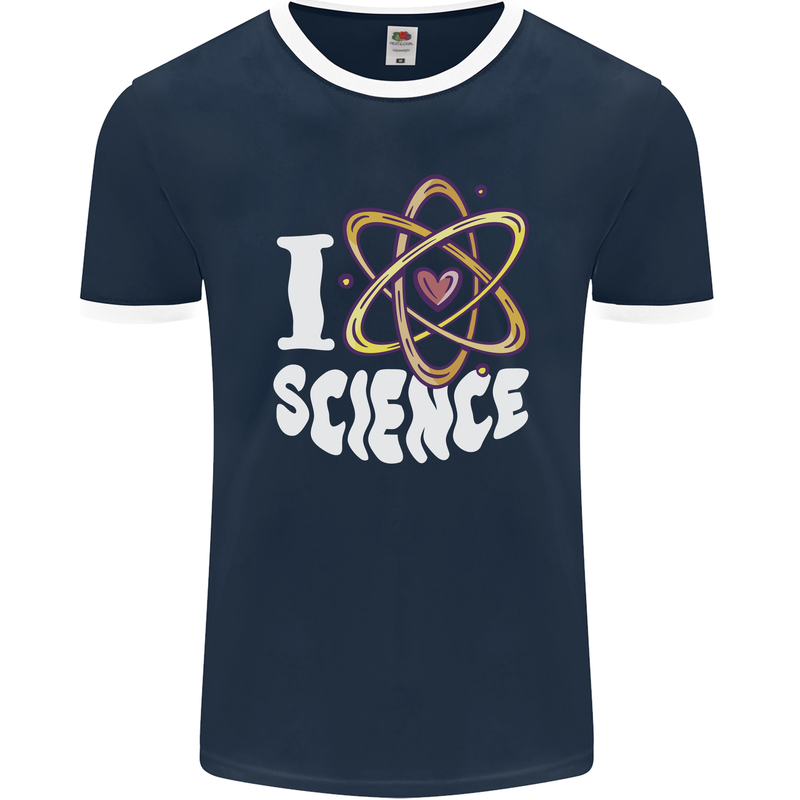 I Love Science Physics Chemistry Biology Nerd Mens Ringer T-Shirt FotL Navy Blue/White