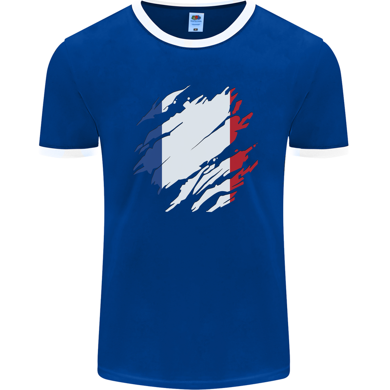 Torn France Flag French Day Football Mens Ringer T-Shirt FotL Royal Blue/White