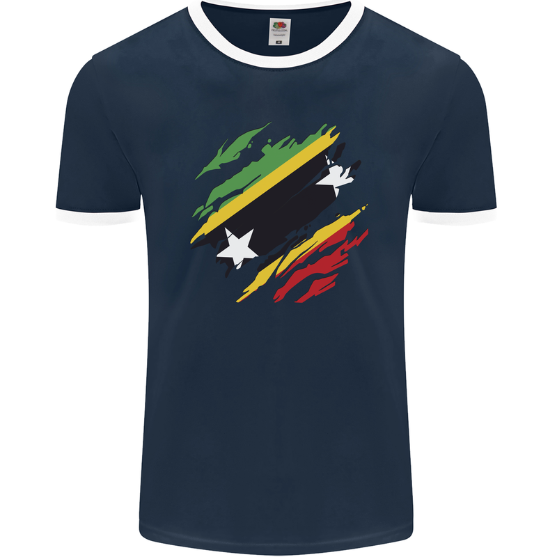 Torn Saint Kitts and Nevis Flag Day Football Mens Ringer T-Shirt FotL Navy Blue/White