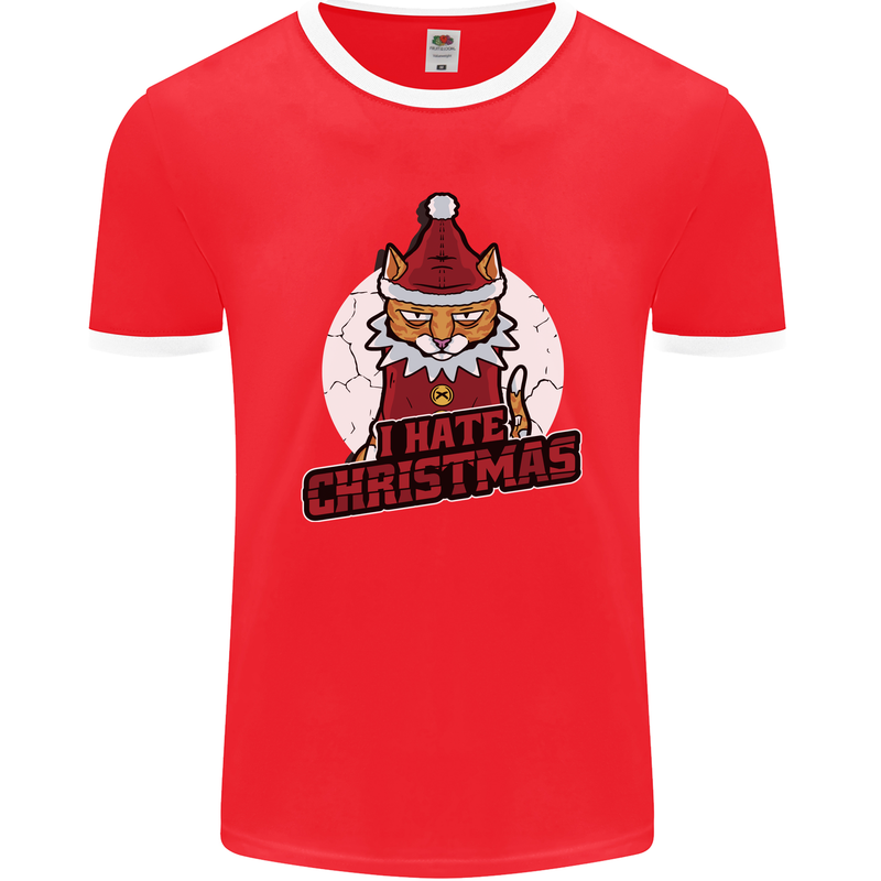 I Hate Christmas Funny Bah Humbug Cat Xmas Mens Ringer T-Shirt FotL Red/White