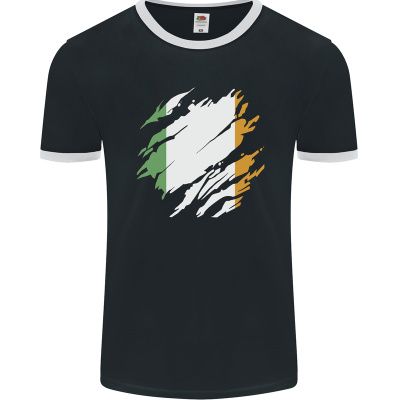 Torn Ireland Flag Irish St Patricks Day Football Mens Ringer T-Shirt FotL Black/White