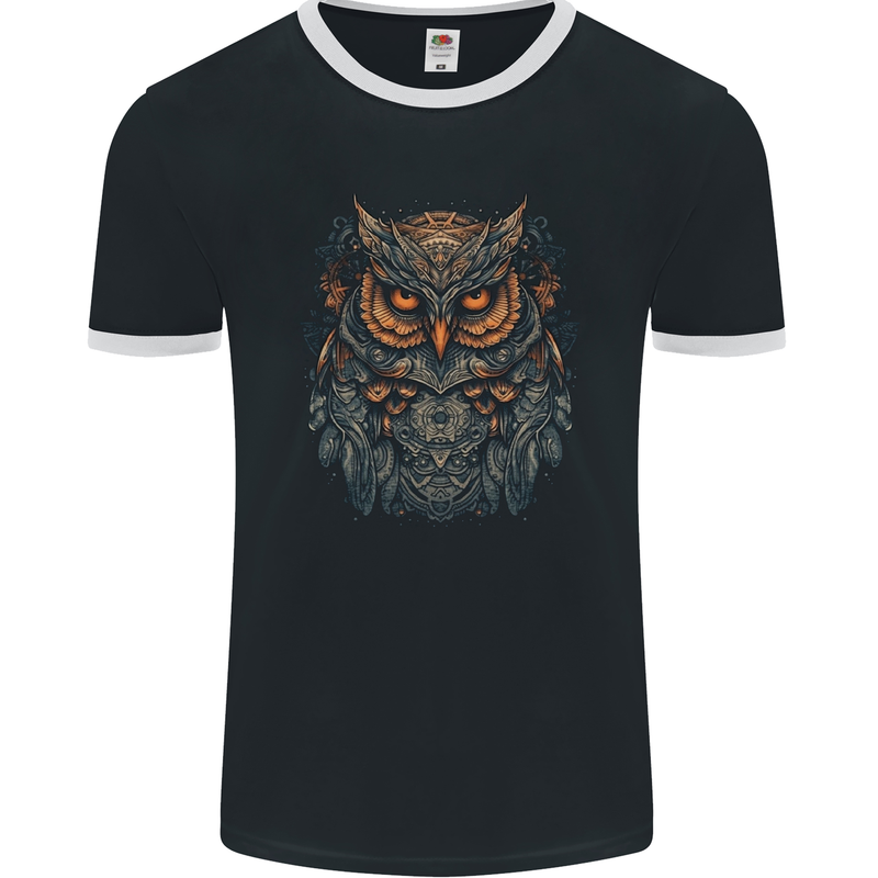 A Mythical Owl Fantasy Tribal Mens Ringer T-Shirt FotL Black/White