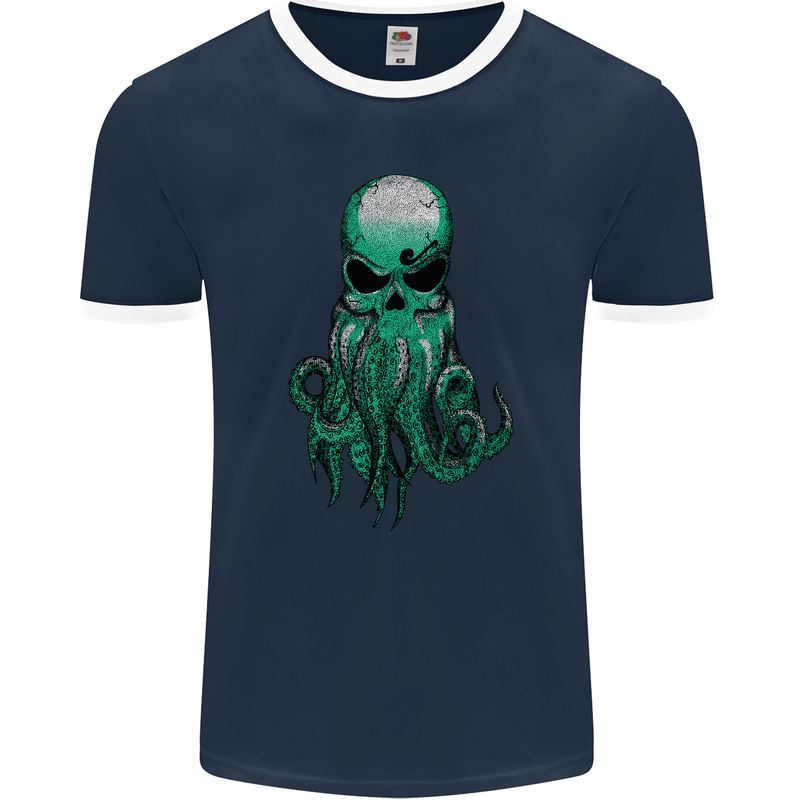 Cthulhu Green Kraken Octopus Skull Mens Ringer T-Shirt FotL Navy Blue/White