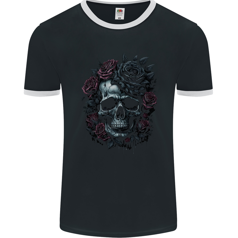 A Gothic Skull With Flowers Roses Goth Mens Ringer T-Shirt FotL Black/White