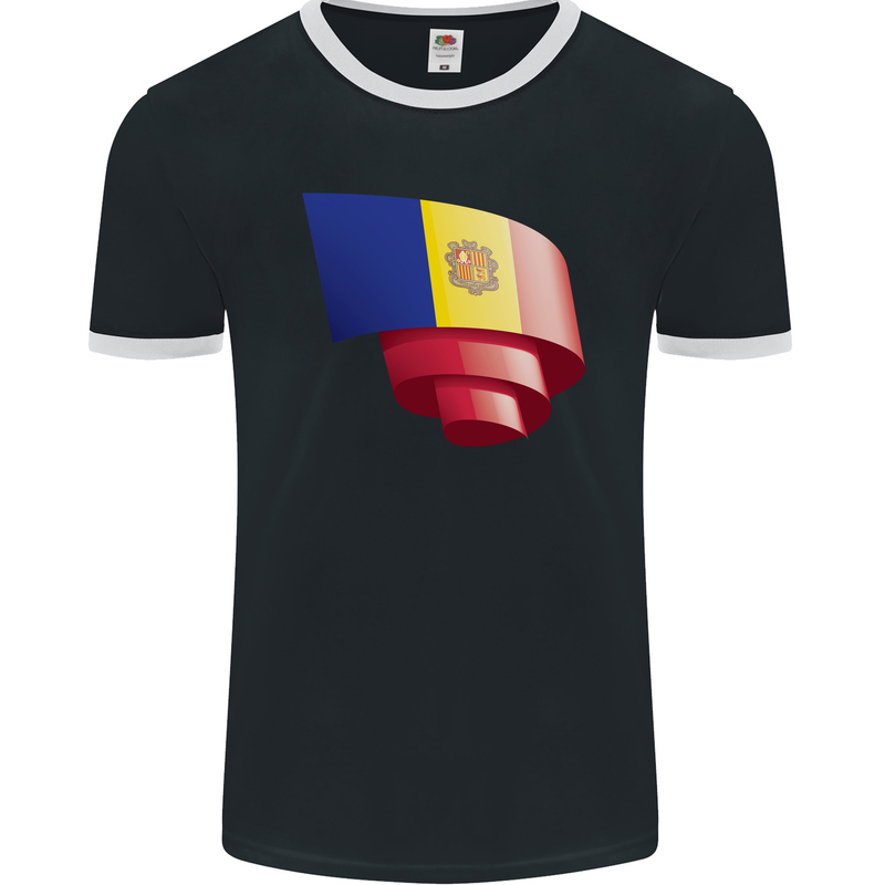 Curled Andorra Flag Andorran Day Football Mens Ringer T-Shirt FotL Black/White