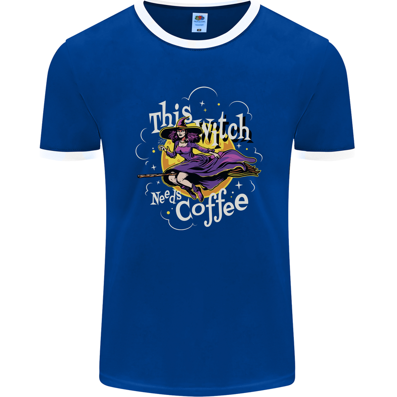 This Witch Needs Coffee Funny Halloween Mens Ringer T-Shirt FotL Royal Blue/White