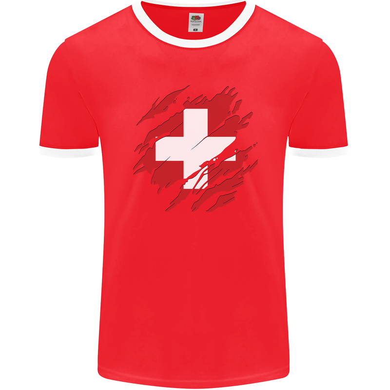 Torn Switzerland Flag Swiss Day Football Mens Ringer T-Shirt FotL Red/White