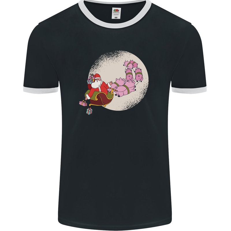 Santa Sleigh Pulled by Christmas Pigs Funny Xmas Mens Ringer T-Shirt FotL Black/White