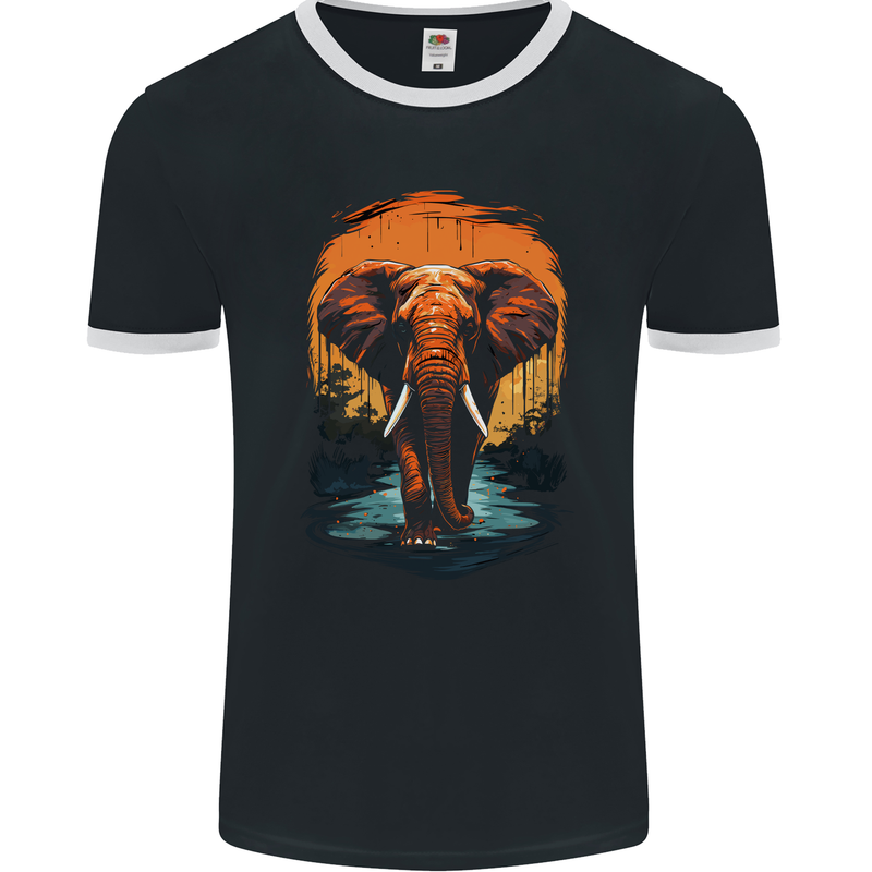 Elephant Sunset Mens Ringer T-Shirt FotL Black/White