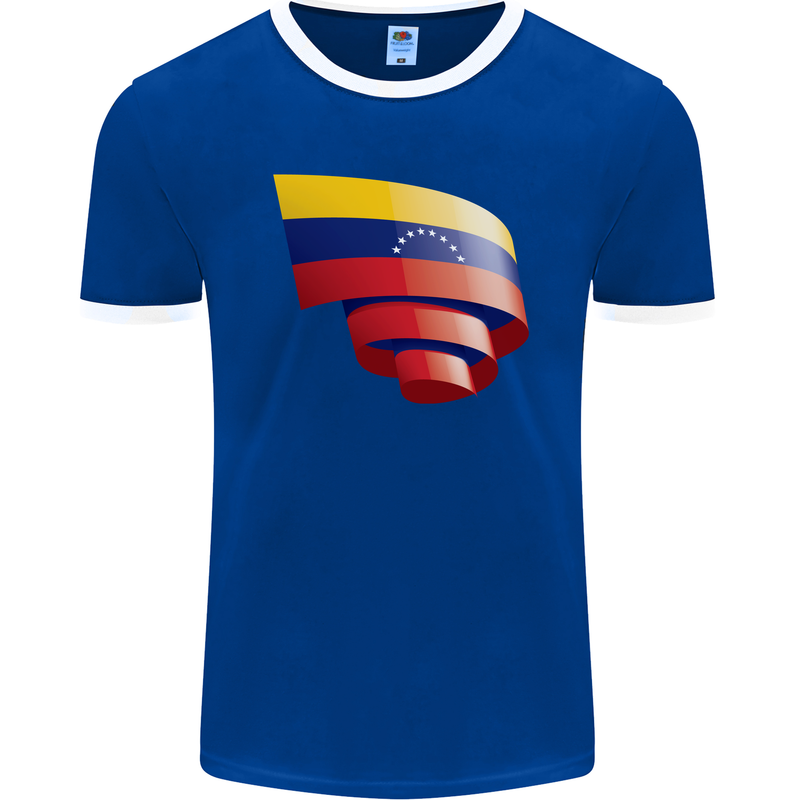 Curled Venezuela Flag Venezuelans Day Football Mens Ringer T-Shirt FotL Royal Blue/White