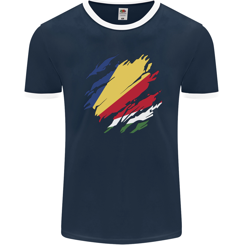 Torn Seychelles Flag Seychellois Day Football Mens Ringer T-Shirt FotL Navy Blue/White