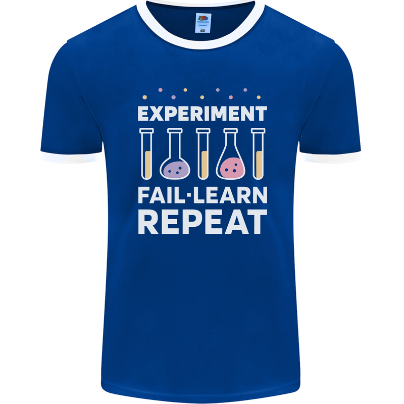 Science Experiment Fail Repeat Chemistry Geek Mens Ringer T-Shirt FotL Royal Blue/White