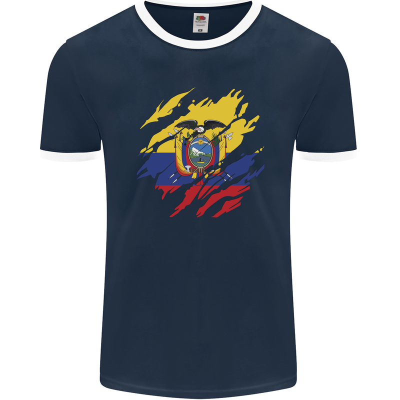 Torn Ecuador Flag Ecuadorian Day Football Mens Ringer T-Shirt FotL Navy Blue/White