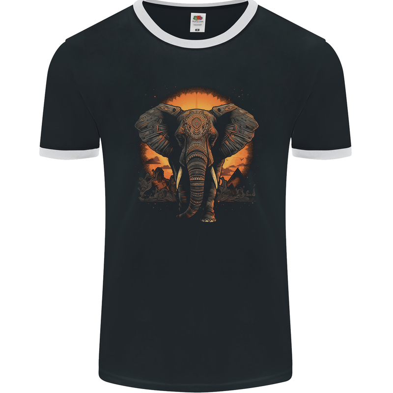 Sunset Tribal Elephant Fantasy Mens Ringer T-Shirt FotL Black/White