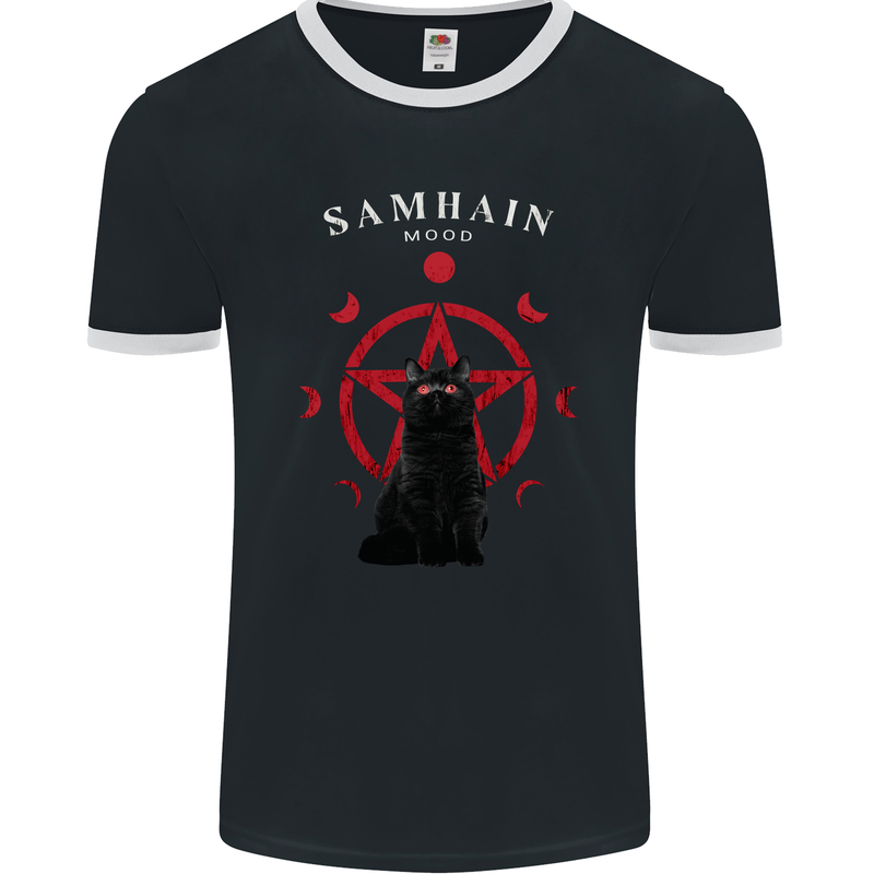 Samhain Moon Satanic Cat Halloween Mens Ringer T-Shirt FotL Black/White