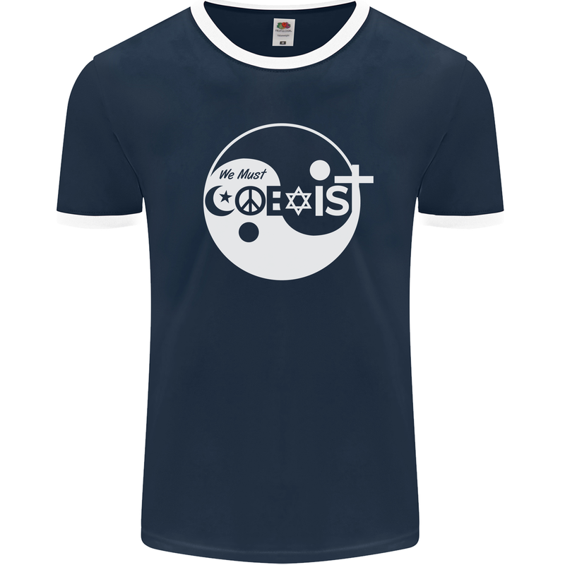 We Must Coexist World Peace Love Religion Hippy Mens Ringer T-Shirt FotL Navy Blue/White
