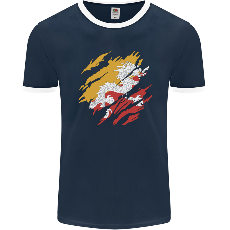 Torn Bhutan Flag Bhutanese Day Football Mens Ringer T-Shirt FotL Navy Blue/White