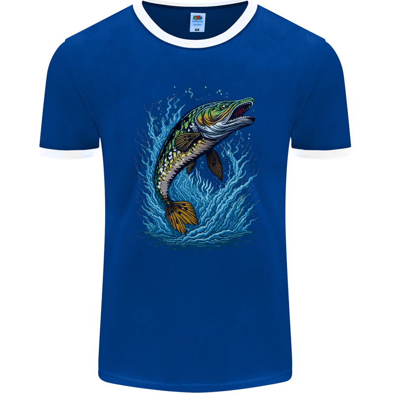 Jumping Pike Fish Fishing Fisherman Mens Ringer T-Shirt FotL Royal Blue/White