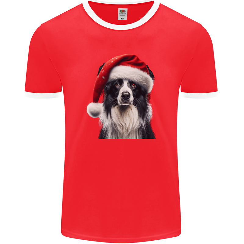 Christmas Border Collie Wearing an Xmas Hat Dog Mens Ringer T-Shirt FotL Red/White