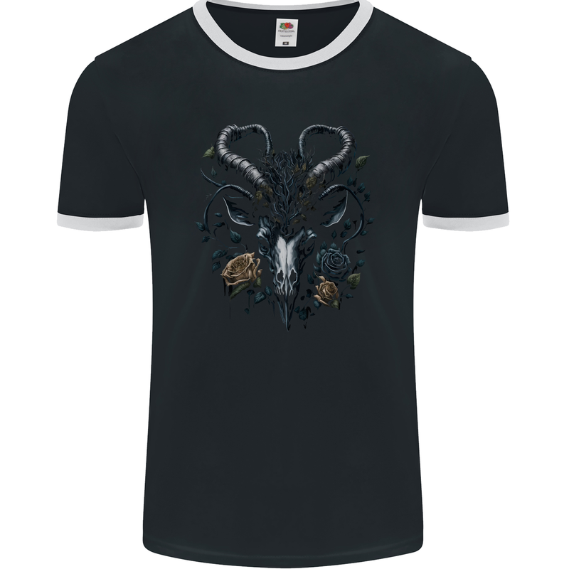 A Gothic Goat Skull With Flowers Goth Roses Mens Ringer T-Shirt FotL Black/White