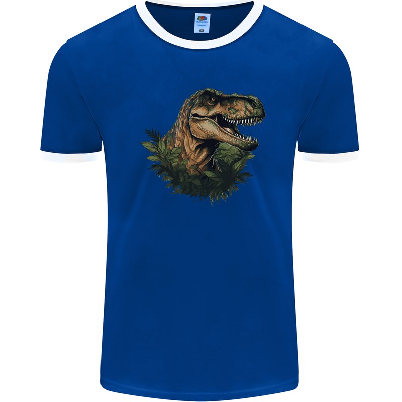 T-Rex Head in Foliage Dinosaur Mens Ringer T-Shirt FotL Royal Blue/White