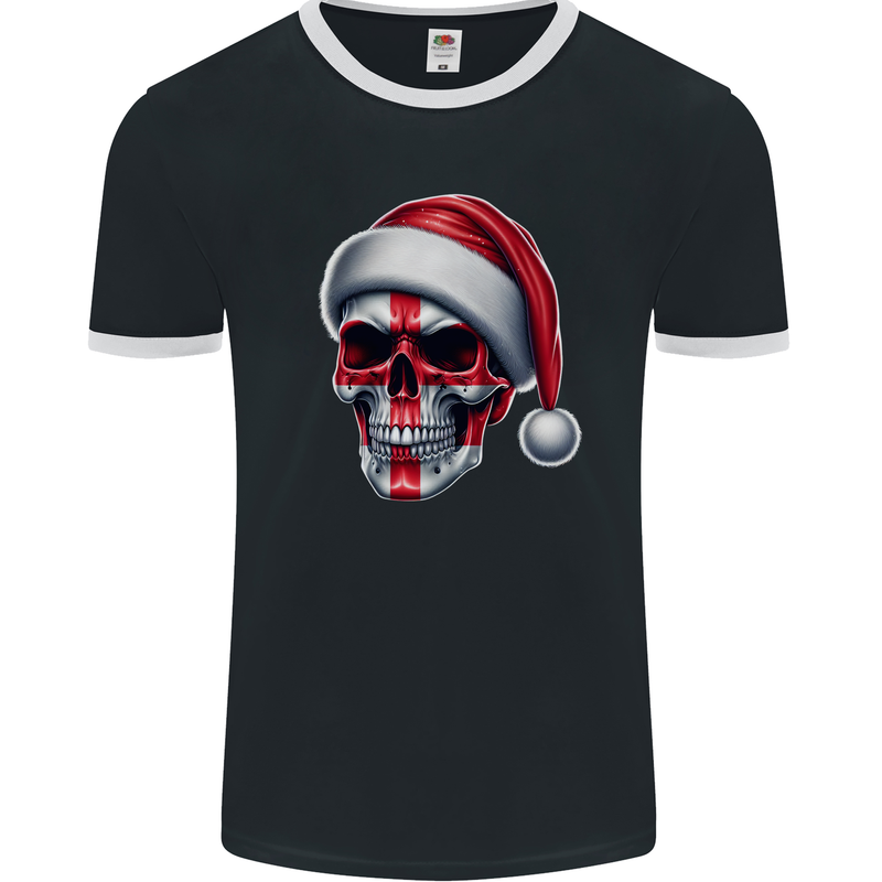 England Christmas Skull Xmas English Flag Biker Mens Ringer T-Shirt FotL Black/White