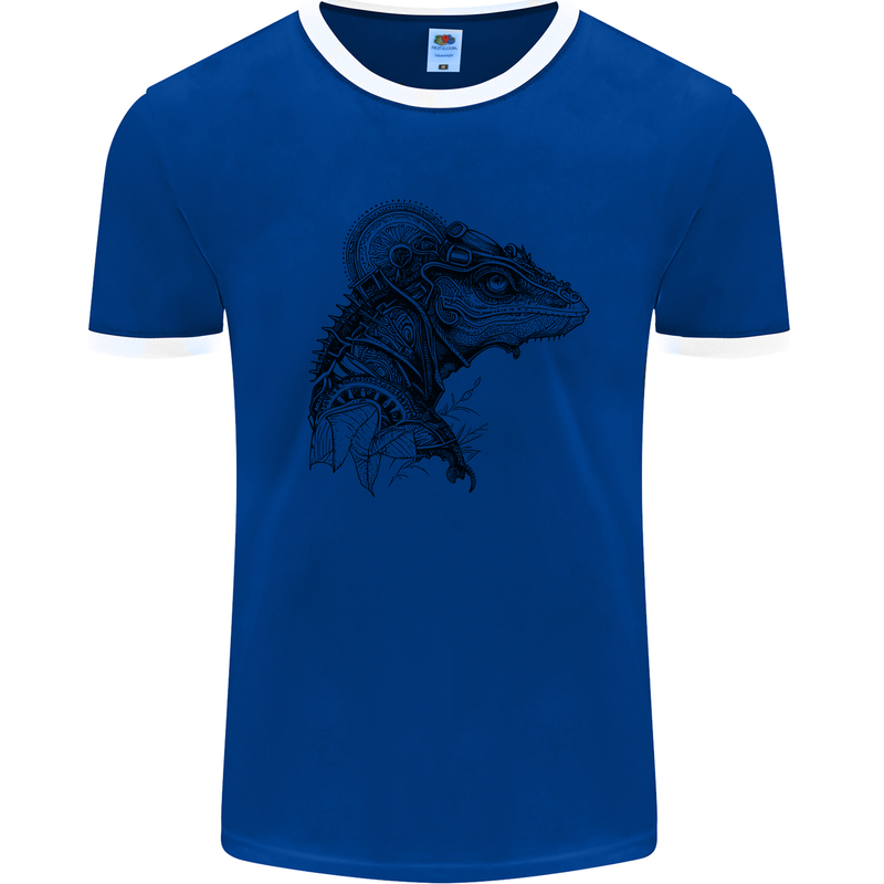 A Steampunk Iguana Lizard Reptiles Mens Ringer T-Shirt Royal Blue/White