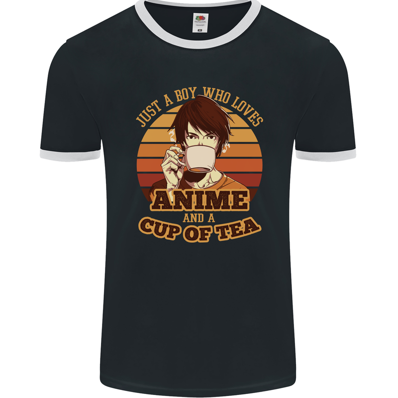 Just a Boy Who Loves Anime & a Cup of Tea Mens Ringer T-Shirt FotL Black/White