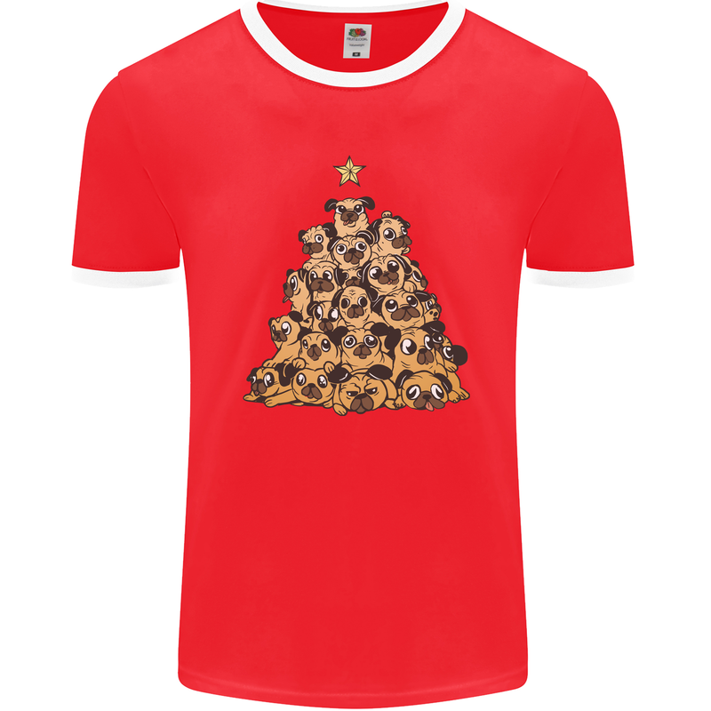 Christmas Pug Funny Dog Xmas Tree Mens Ringer T-Shirt FotL Red/White