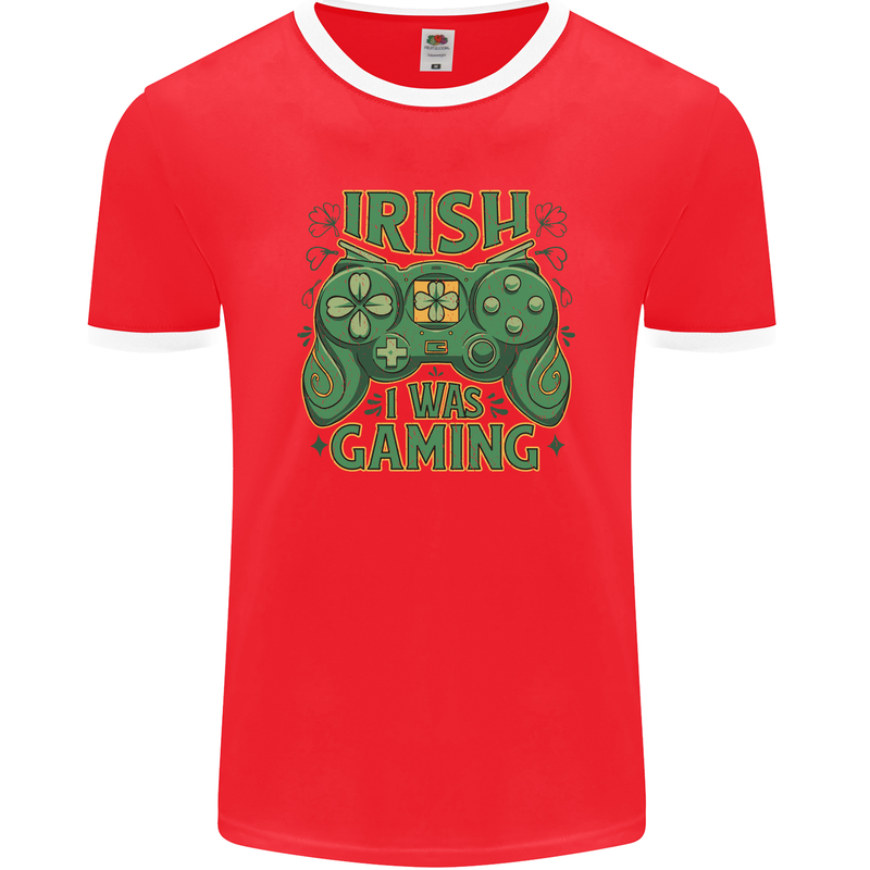 Irish I Was Gaming St Patricks Day Funny Gamer Mens Ringer T-Shirt FotL Red/White