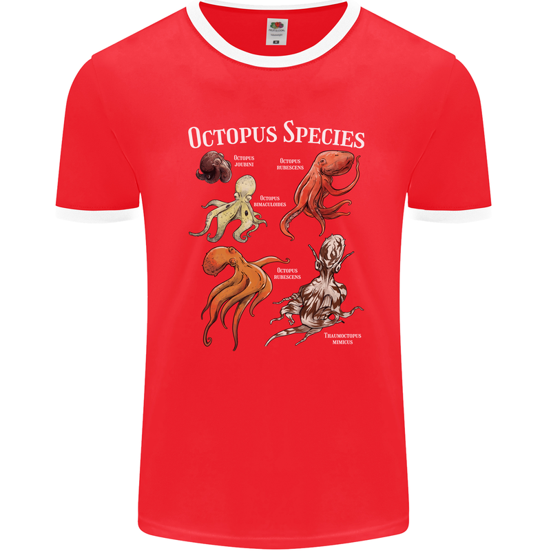 Octopus Species Scuba Diving Ocean Mens Ringer T-Shirt FotL Red/White