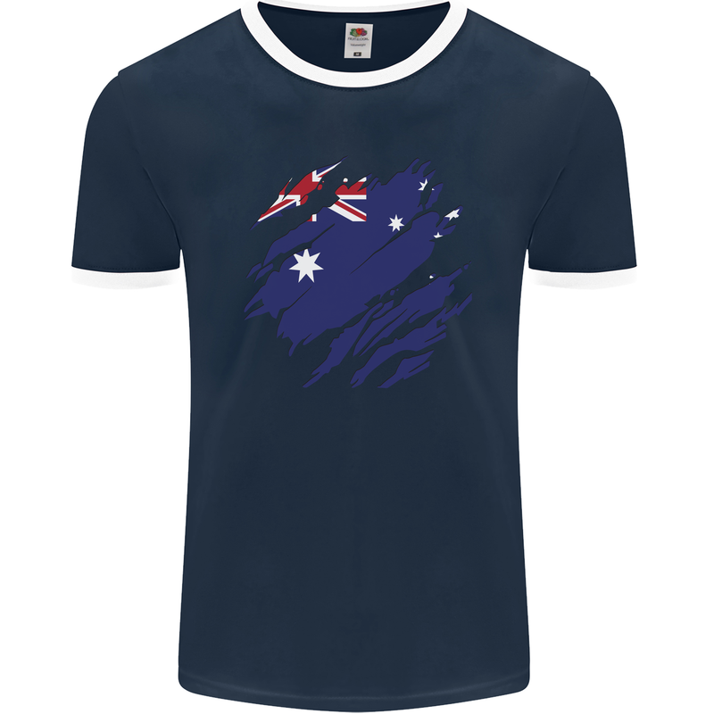 Torn Australia Flag Australian Day Football Mens Ringer T-Shirt FotL Navy Blue/White