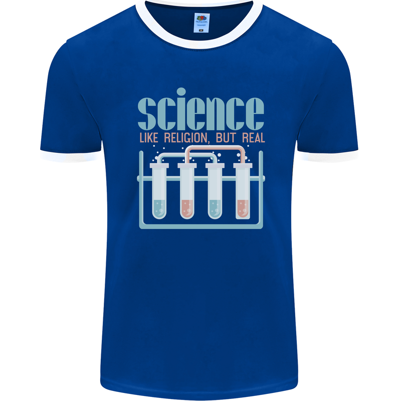 Science Like Religion Atheist Atheism Evolution Mens Ringer T-Shirt FotL Royal Blue/White