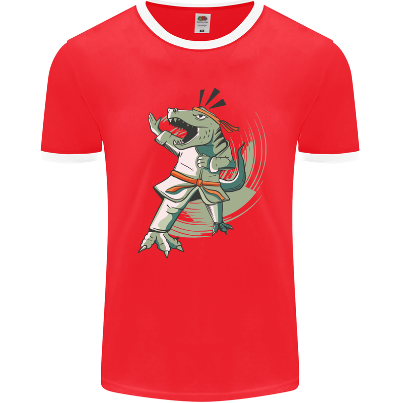 Karate T-Rex Dinosaur Mens Ringer T-Shirt FotL Red/White