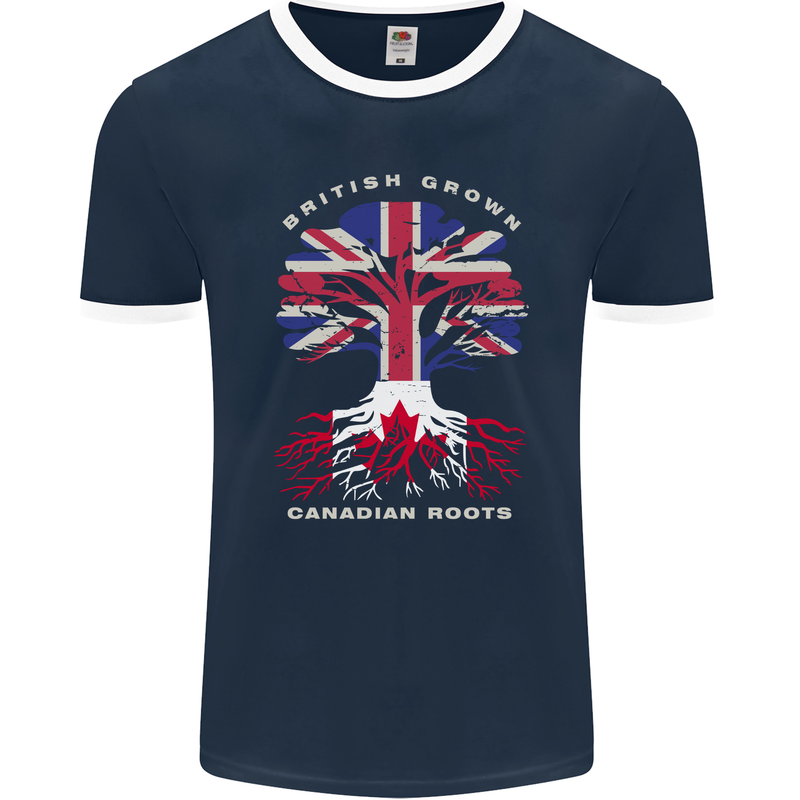 British Grown Canadian Roots Canada Flag Mens Ringer T-Shirt FotL Navy Blue/White