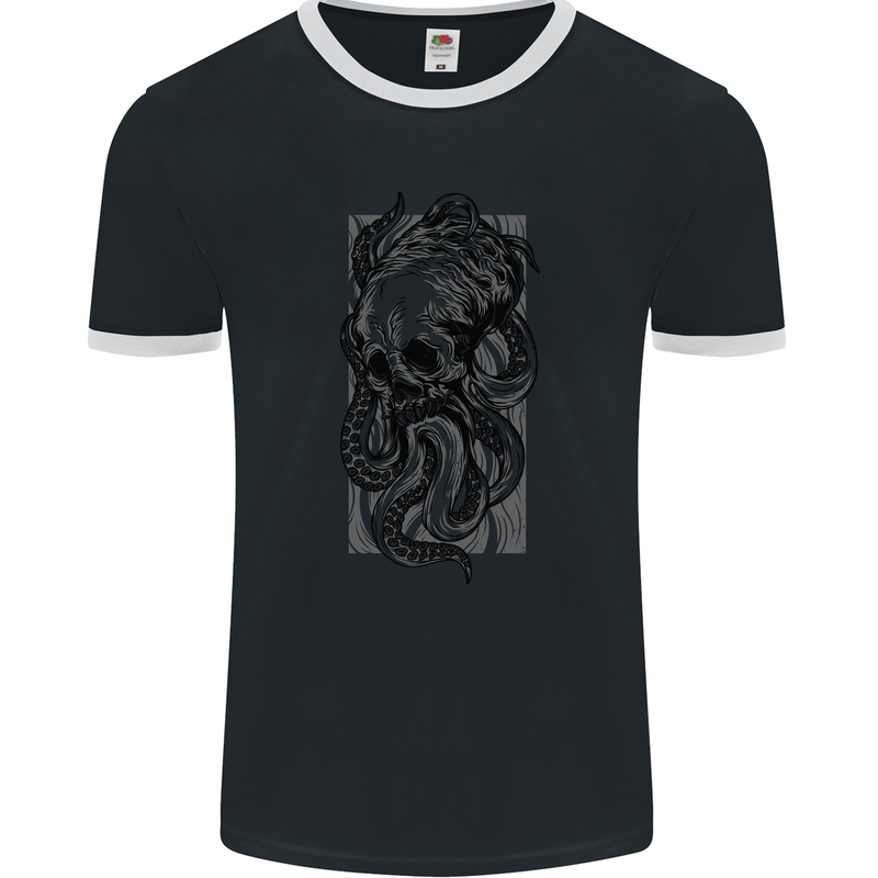 Cthulhu Octopus Kraken Octoskull Mens Ringer T-Shirt FotL Black/White