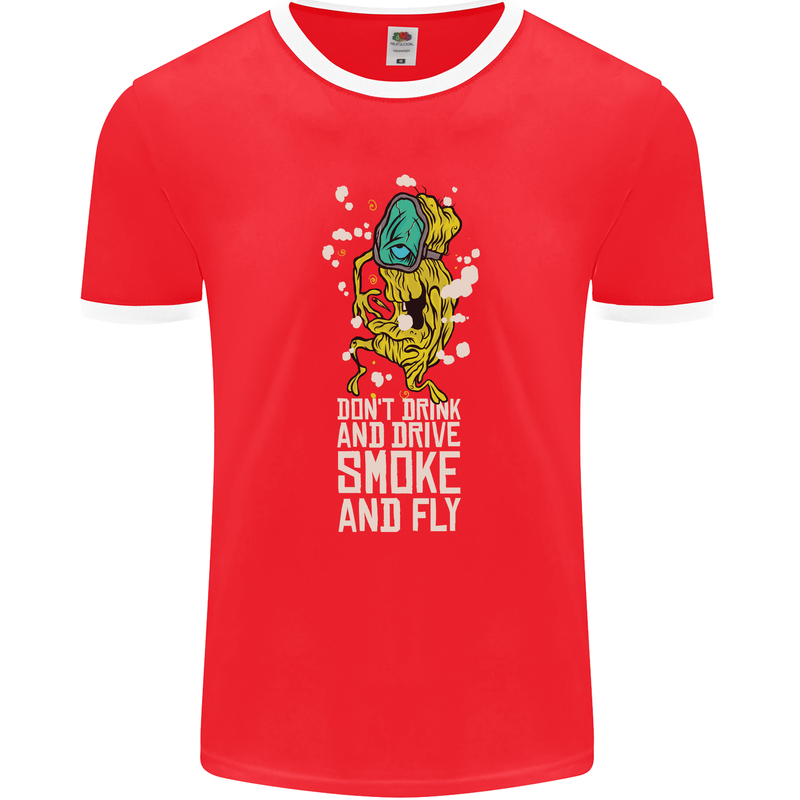 Funny Weed Cannabis Smoke and Fly Mens Ringer T-Shirt FotL Red/White