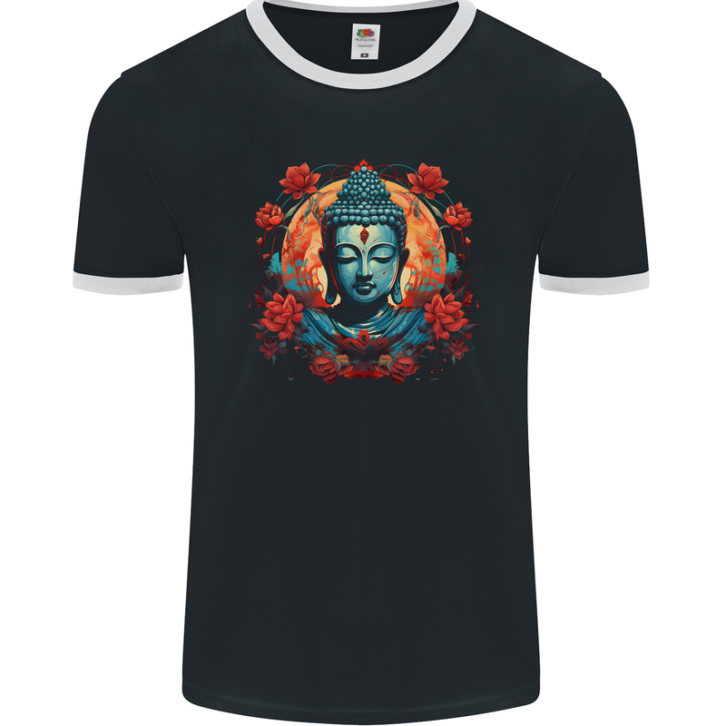 Buddha With Lotus Flowers Mens Ringer T-Shirt FotL Black/White