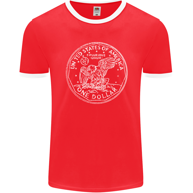 One American Dollar Coin Money Cash USA Mens Ringer T-Shirt FotL Red/White