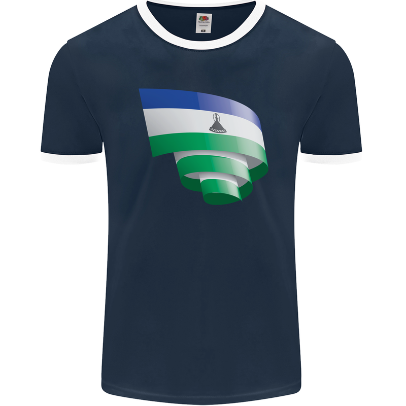 Curled Lesotho Flag Basotho Day Football Mens Ringer T-Shirt FotL Navy Blue/White