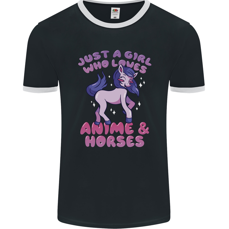 Girl Who Loves Anime & Horses Riding Mens Ringer T-Shirt FotL Black/White