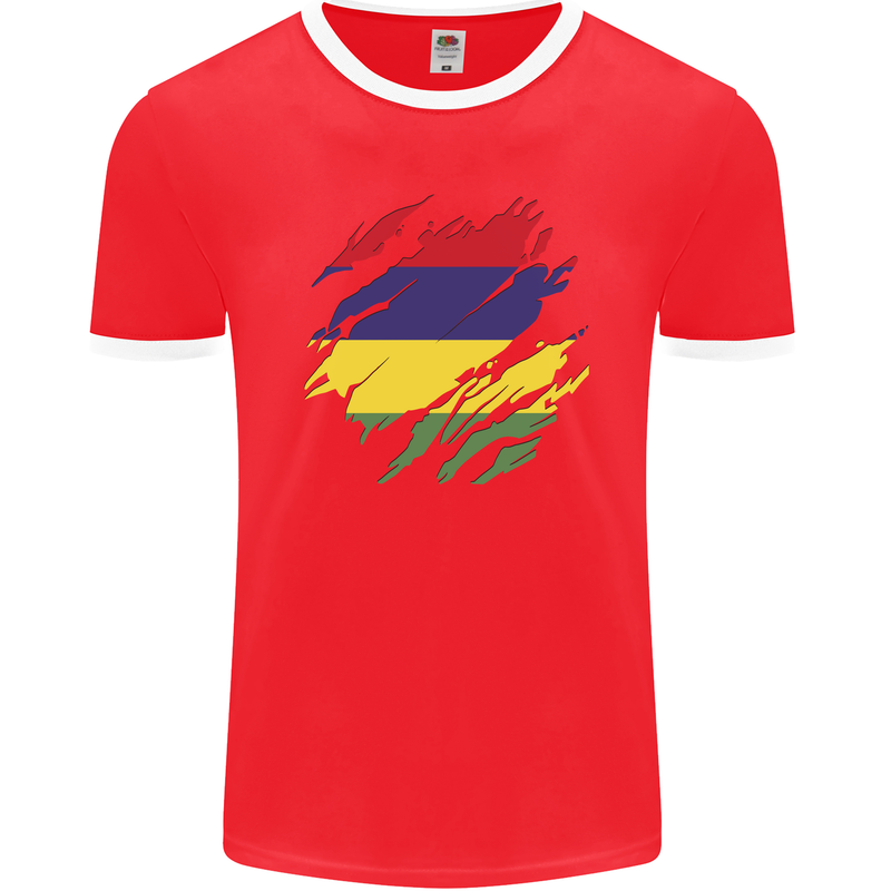 Torn Mauritius Flag Mauritians Day Football Mens Ringer T-Shirt FotL Red/White