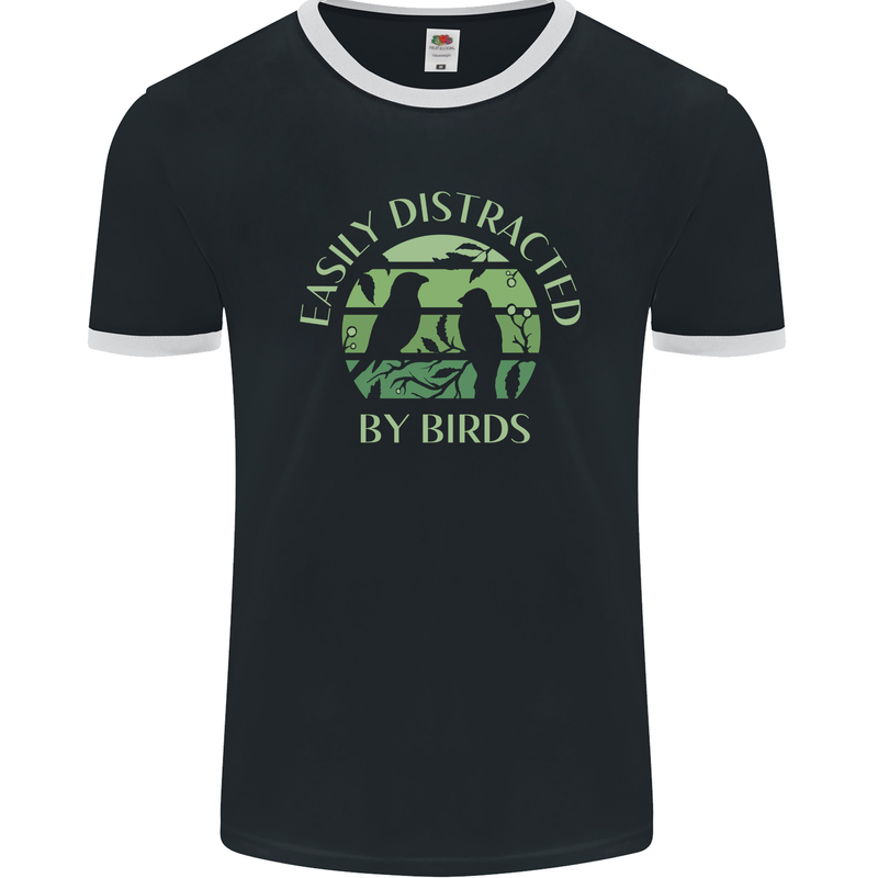 Distracted By Birds Funny Birdwatching Birding Mens Ringer T-Shirt FotL Black/White