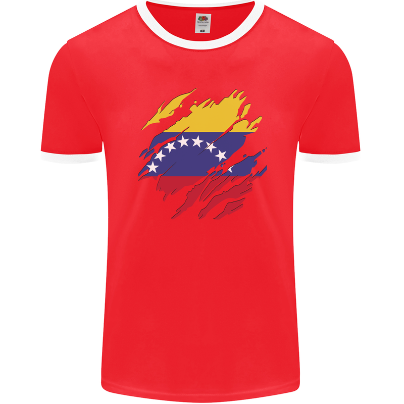 Torn Venezuela Flag Venezuelans Day Football Mens Ringer T-Shirt FotL Red/White