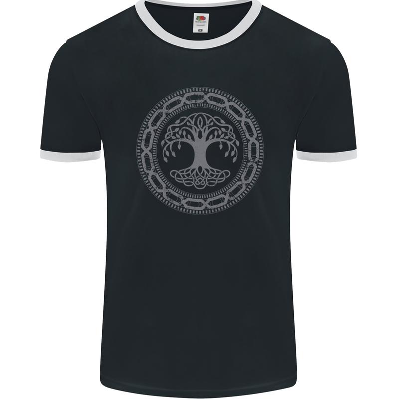 Viking Symbol Yggdrasil Grey Gym Mens Ringer T-Shirt FotL Black/White